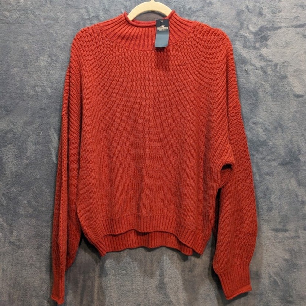 Hollister Womens XL Rust Orange Mock Neck Shaker Stitch Knit Sweater NWT